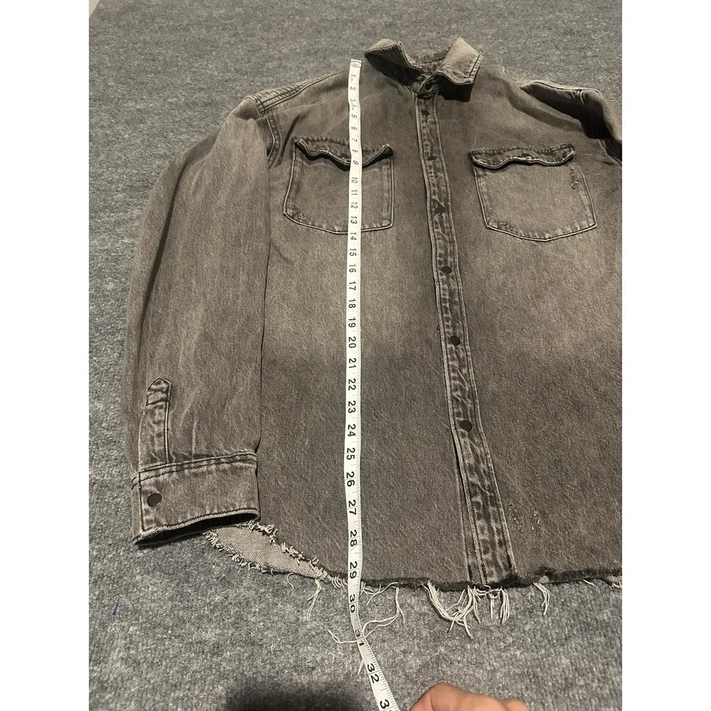 Allsaints Men's XS/S Black Denim Snap Button Shacket Trucker Distressed Frayed